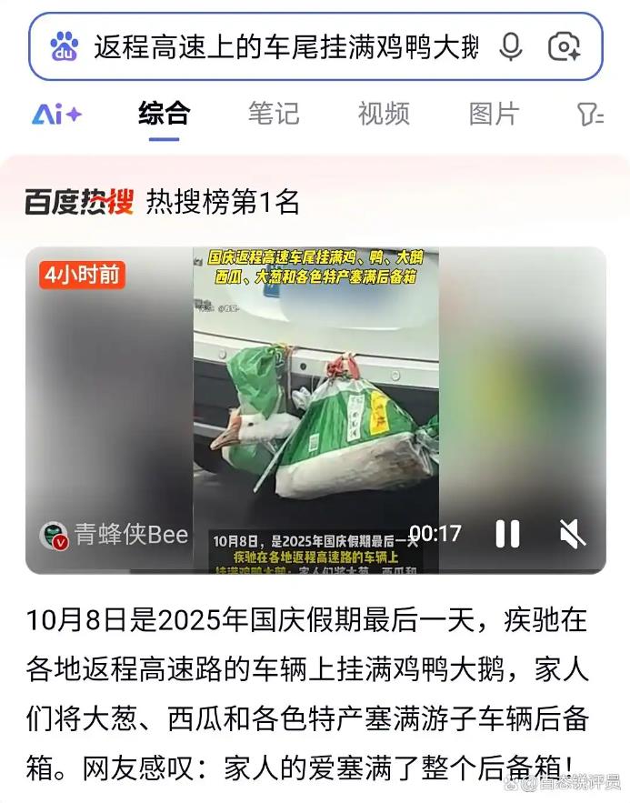 返程高速上的车尾挂满鸡鸭大鹅