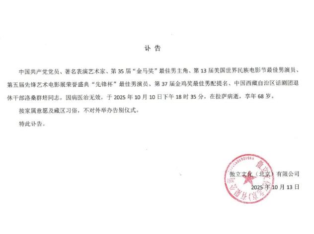 演员洛桑群培去世 享年68岁