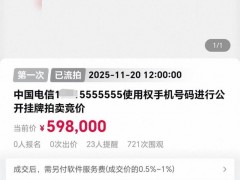 [快讯]尾号7个5手机靓号59.8万元起拍 无人出价流拍